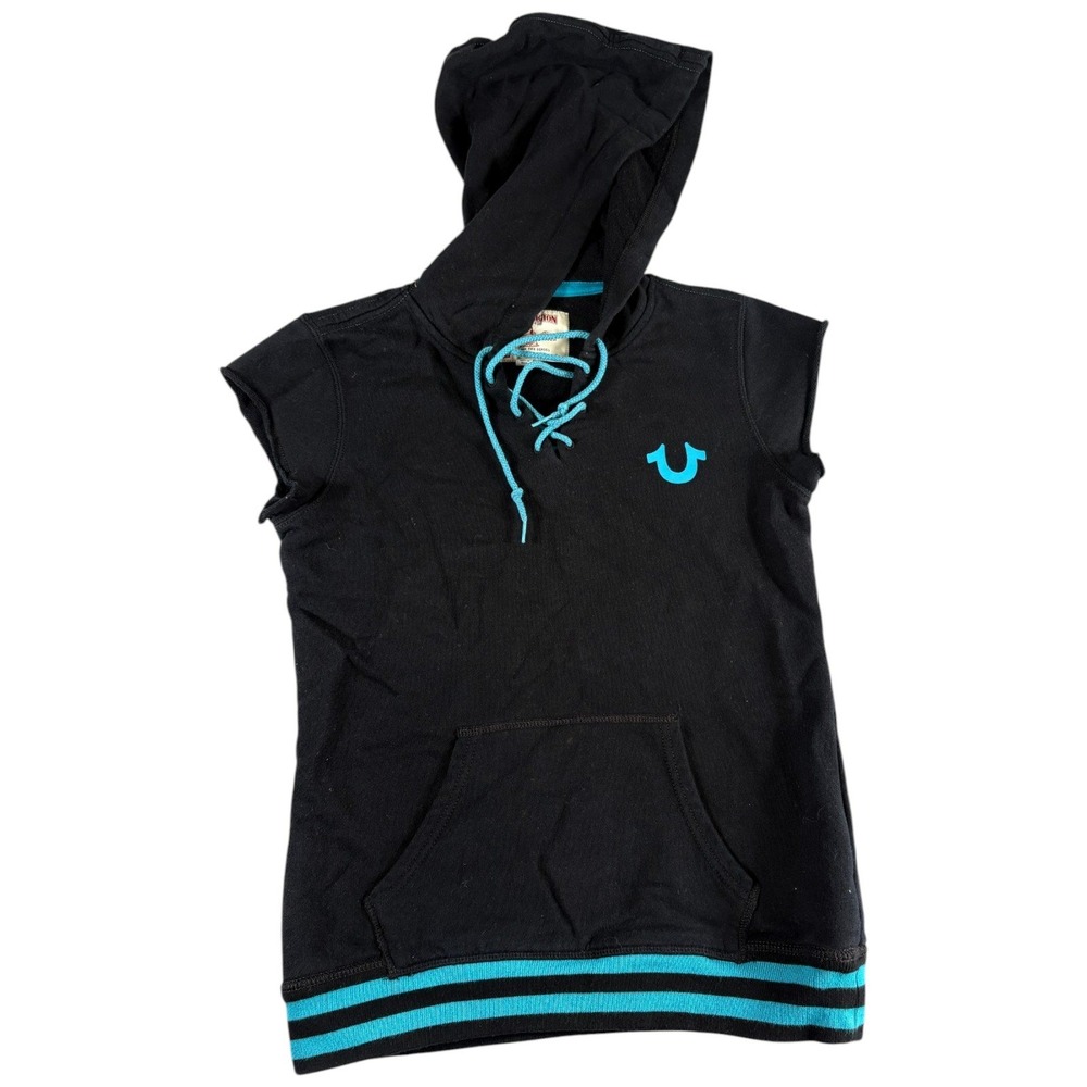True Religion Hoodie Mens Small Black Turquoise Graphic‎ Y2K Rugged Sleeveless